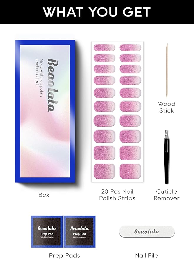 Semi Cured Gel Nail Strips - UV Light Gel Nail Stickers - 20 Long Lasting Salon Quality Wraps (Dawn Haze Pink)