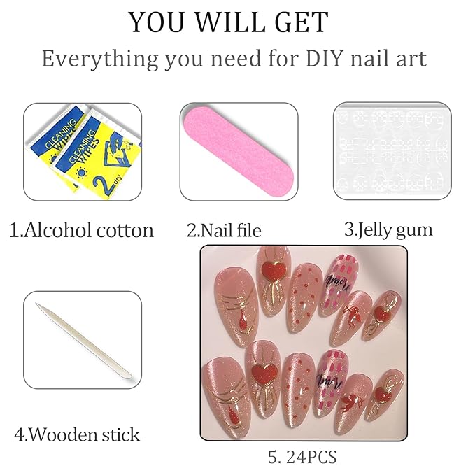 Valentines Nails Press Ons - Valentines Press On Nails Almond Medium Pink Fake Nail With Gilded Heart Cat-Eye Designs Acrylic Artificial Glue On False Stick On Nails for Women Girls