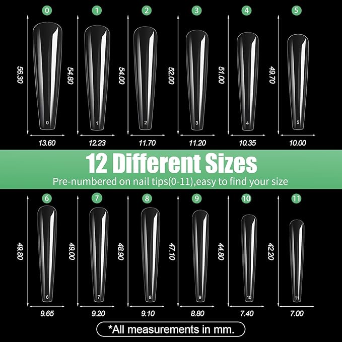 Long Coffin Nail Tips, 240Pcs Full Cover Soft Gel Nail Tips Pre-shaped 3XL Shape Clear Acrylic False Nail Fake Nail Extension Press On for Salon Home DIY 12 Sizes