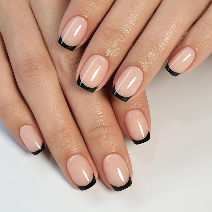 Black French Tip Press on Nails Square - SHANGMENG Soft Gel Press on Nails Short, Fit Perfectly & Natural Stick on Nails with Glue in 16 Sizes - 32 Reusable Fake Nails for Women Gift, Black French