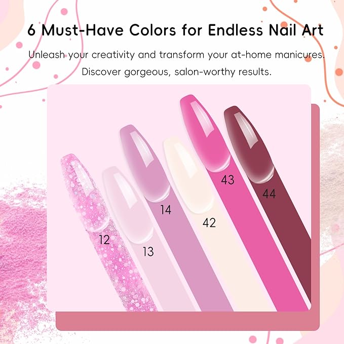 Professional Acrylic Nail Powder Kit - 6 Colors for French Extensions & 3D Nail Art, No Lamp Needed, Non-Yellowing, Bubble Free, Long Lasting Salon Quality Powder