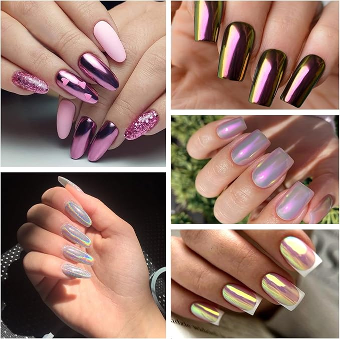SIUSIO 8 Jars Chrome Nail Powder Gold Silver Nail Art Glitter Decoration Metallic Mirror Effect Holographic Aurora Nail Pigment Powder Kit for Nail Art Home DIY Salon Manicure