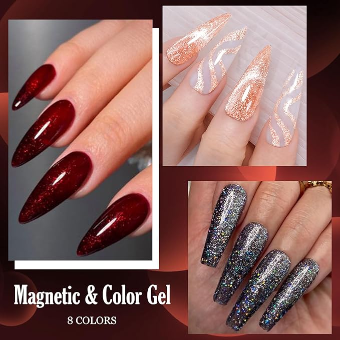 MEET ACROSS 8pcs Gel Nail Polish Set, Soak off UV LED Lamp Gel Nail Polish Cat Eye Set Home Gel Manicure Kit 7ml (Cat Eye + color Gel-4)