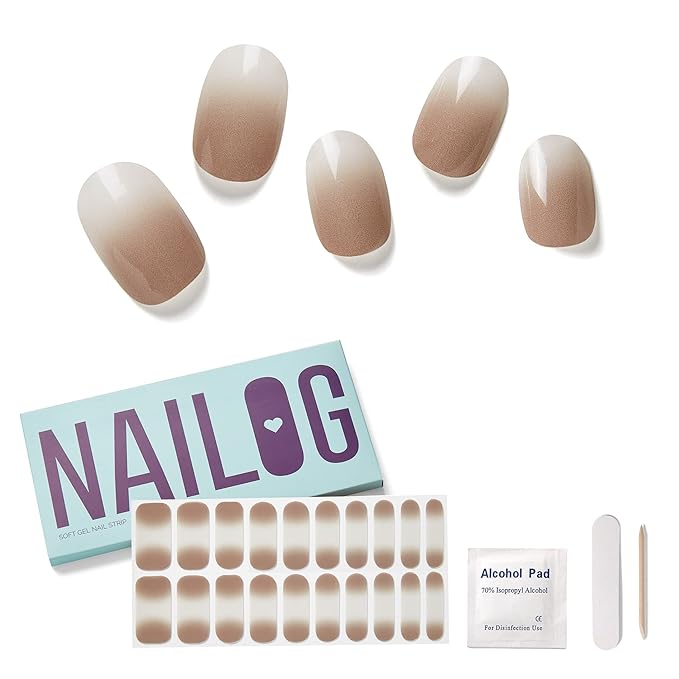 NAILOG Semi Cured Gel Nail Strips (20 Extra Long Polish Stickers/Wraps) │ Glossy & Long Lasting Soft Gel Finishing (Caffe Latte)