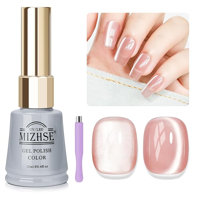 MIZHSE Pink Cat Eye Gel Nail Polish, 12mL, Glossy Finish, Cat Eye Effect with Magnet, Non-Toxic, Salon Quality, DIY Home Manicure