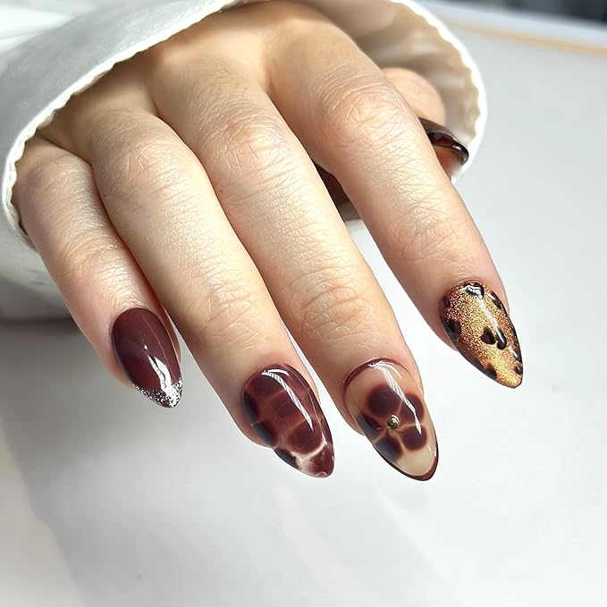 Press On Nails Short Almond Brown Marble & Leopard Nail Art with French Tip | Reusable Soft Gel Nails in 15 Sizes -30 Nail Kit with Glue | Designed in L.A, Handmade in Vietnam| Chocolate Kiss