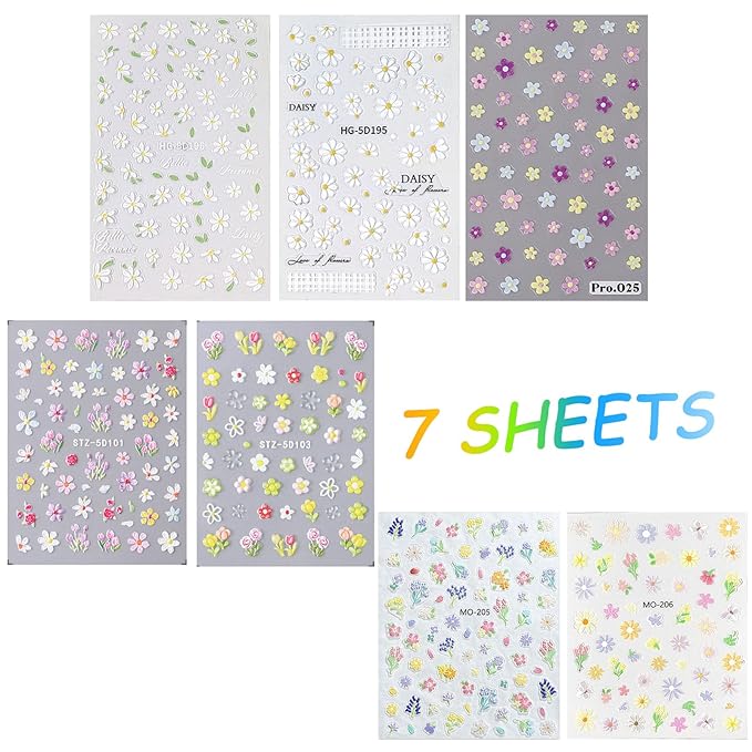 Flower Nail Art Stickers 7 Sheets 5D Nail Decals Spring Summer Nails Art Design 3D Self-Adhesive Supplies White Yellowe Daisy Flower Nails Decoration for Women DIY Design