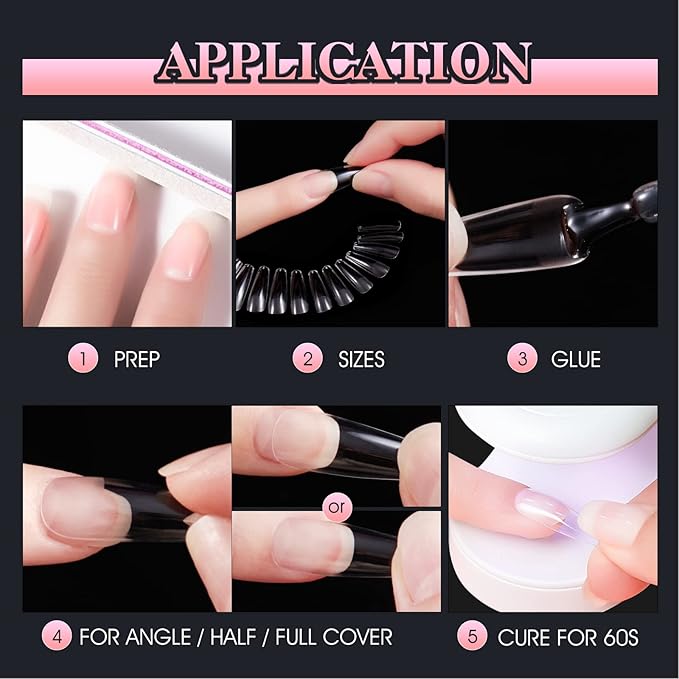 Gelike EC Soft Gel Nail Tips Kit for Soak Off Nail Extensions,Full Cover,Square Shaped,Pre-Buff PMMA Resin,Clear Ultra-Thin Design,10 Sizes,240 Pieces,Medium Square
