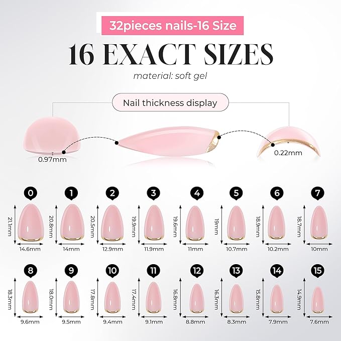 UNA GELLA 32Pcs Soft Gel Press on Nails - 16 Sizes Gold Rim Nude Pink Almond Glue on Nails, Reusable Elegant French False Nails, Full Cover Acrylic Nail Kit for Women DIY Home Manicure