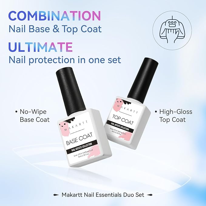 Makartt 2 Pcs Gel Top Coat and Base Coat Set - No Wipe Shine Finish Soak Off Base Top Coat Long Lasting for Gel Nail Polish, LED UV Lamp Needed, Salon Quality Nail Manicure Spring Gifts, 10ML