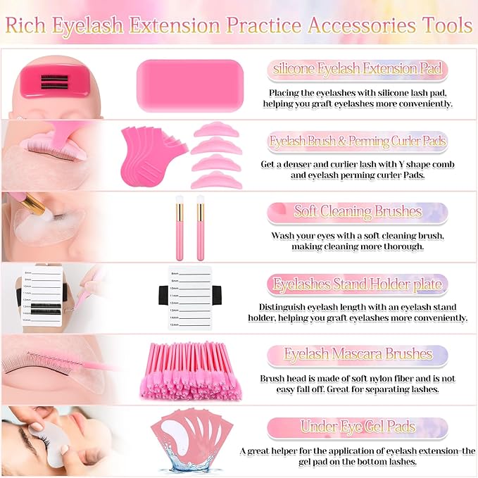 Lashes Kit for Eyelash Extension Beginners 470PCS Professional Lash Mannequin Head Practice Kit with Everything Lash Glue Lash Shampoo Lash Fan, Lash Extension Supplies for Practice Training