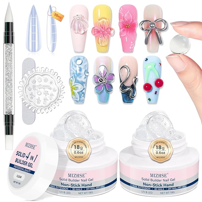 MIZHSE 2pcs Solid Builder Gel for Nails, Clear 3D Nail Gel for Sculpting Non-sticky Hard U V LED Starter Kit DIY Home Salon