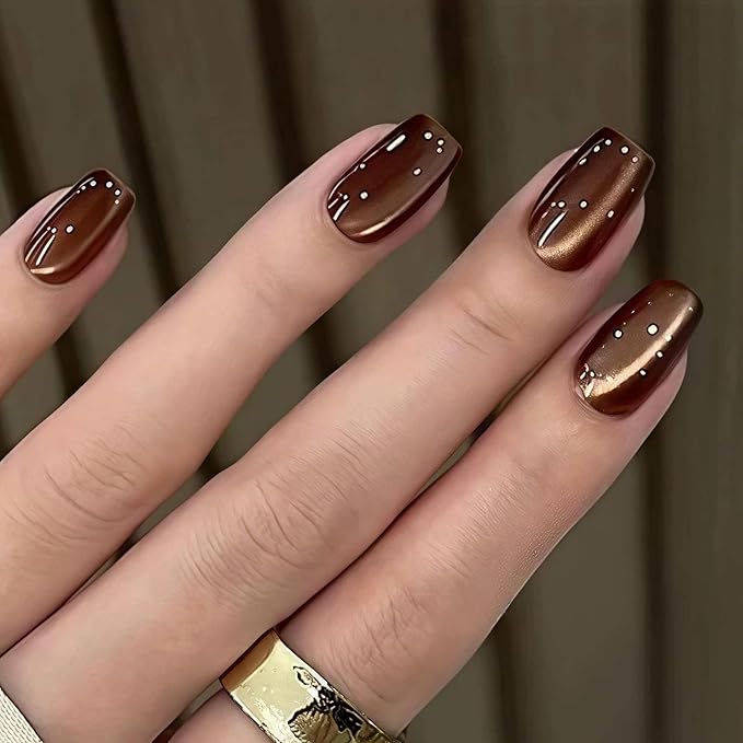 Brown Press on Nails Short Square Fake Nails Glossy Cat Eye False Nails with Shiny Solid Color Acrylic Nails Chrome Glue on Nail for Women Manicure Decoration 24Pcs
