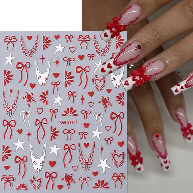 6 Sheets French Tip Nail Sticker for Nails Art Valentines Nail Art Stickers Black White Red French Tip Bow Designs 3D Self-Adhesive Cute Nail Decals for Women Manicure Decorations Supplies