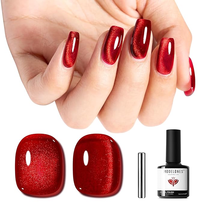 modelones Red Cat Eye Gel Nail Polish Magnetic Glitter Holographic Red Ruby Valentine Gel Polish Reflective Jelly Translucent UV Gel Manicure 15 ML