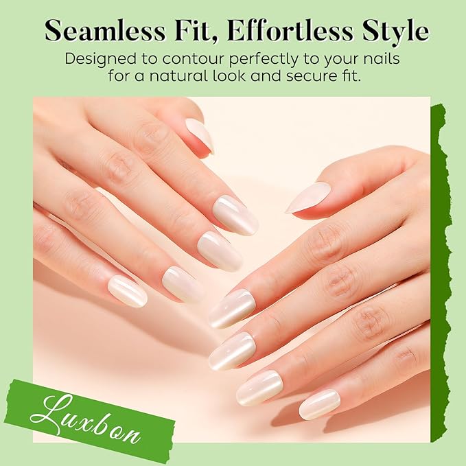 Luxbon Short Rounded Durable Press On Nails with No-Cure Nail Glue and Tool Kit – Cat Eye Soft Gel Tips 25-30pcs Full Size Set, Reusable Fake Nails for Women, Stick On Nails, White