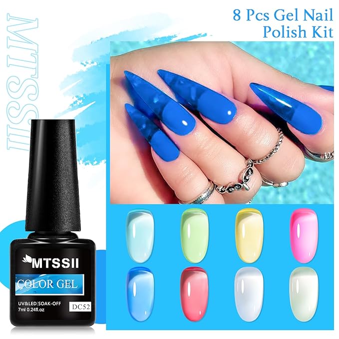 MTSSII Neon Jelly Gel Nail Polish Set 8 Pcs Clear Crytal Glass Gel Polish Yellow Blue Green Red Pink Transparent Sheer Nail Art Varnish Manicure LED UV Curing Required Iridescent Colors