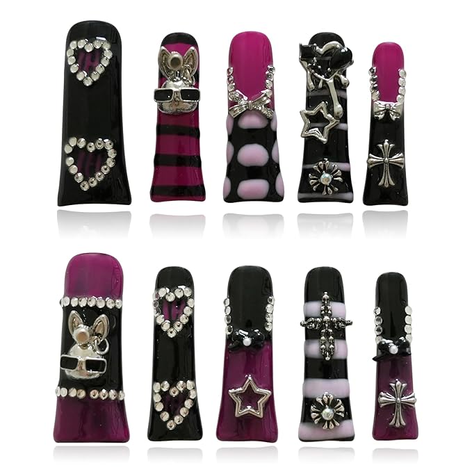 Metallic Gothic Press on Nails - Duck Nails Tip False Nails Black Purple Hot Pink with 3D Metal Cross, Star, Heart, Bow & Rabbit Charms, Extra Long Full Cover for Parties (Dark Romance, S)