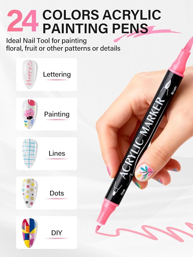 EBANKU Nail Art Pens For Painting Nails, 24 Colors Double-Ended Nail Art Marker Quick-Drying Nail Polish Pen For 3D Nail Art, Fine Tip Nail Point Dotting Tool Drawing Pen For DIY Beauty Adorn Manicure