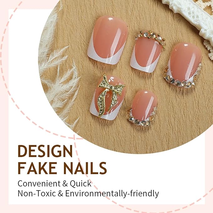 Square Press on Nails Short Fake Nails with Designs Bow Stick on Nail White French Rhinestone Acrylic False Nail Glossy Artificial Nail Full Cover Glue on Nails for Women 24Pcs