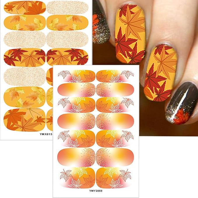 6 Sheets Fall Gel Nail Stickers Self-Adhesive Fall Gel Nail 3D Maple Leaf Fall Nail Wraps Stickers Strips Thanksgiving Maple Leaves Nail Polish Stickers for Women Autumn Nail Design DIY Kit