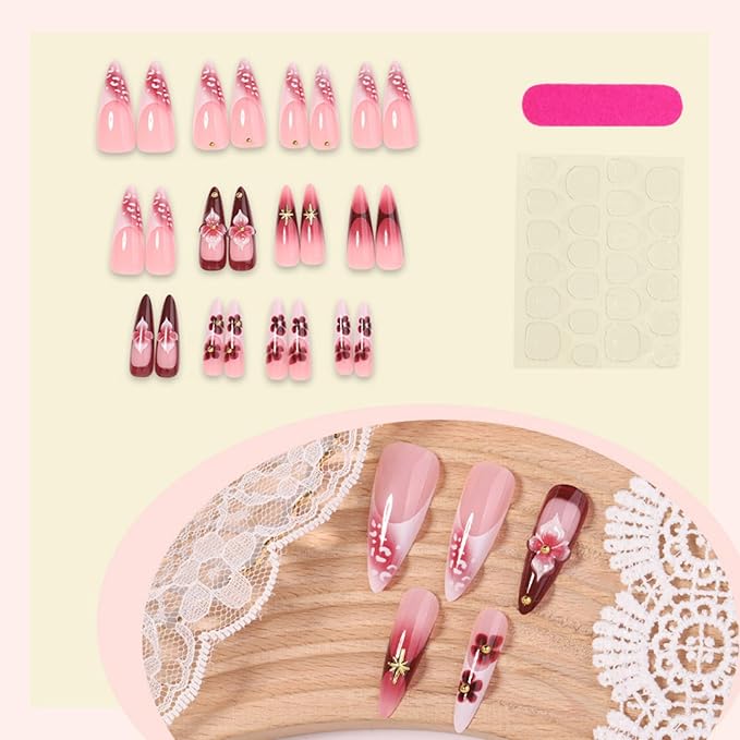 Press on Nails Long Almond Fake Nails French Tip Artificial Nail 3D Flowers Stick on Nail for Women 24pcs