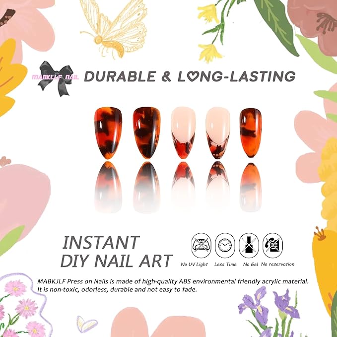 Press on Nails Medium Almond MABKJLF French Tip Fake Nails False Nails with Designs Ink Smudge Black & Orange Full Cover Glossy Glue on Nails Acrylic Nails for Women Girls 24 Pcs
