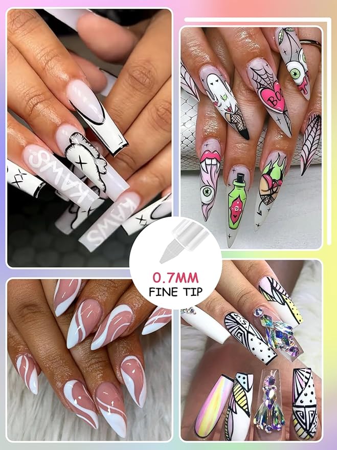 EBANKU Nail Art Pens, 3D 0.7MM Nail Polish Pens Quick-Drying Nail Art Markers Acrylic Paint Pens Nail Point Dotting Liner Pen Tools for Home & Salon Nail DIY（White）