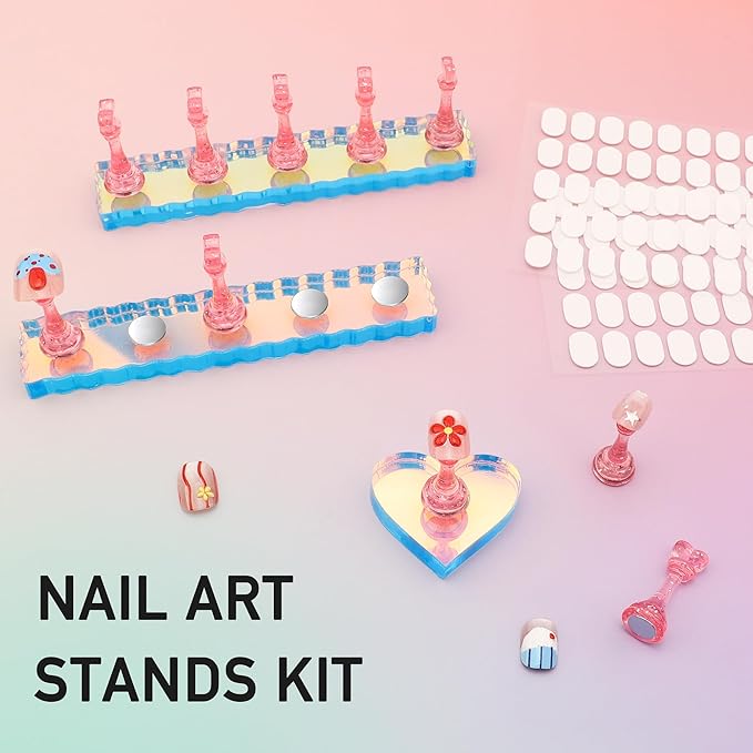 2 Set Nail Stand, Nail Holder for Painting Nail Stand for Press Ons with Double-sided Tape Acrylic Magnetic Fake Nail Holder for Nail Art Home DIY Salon Display Practice Supplies(Pink)
