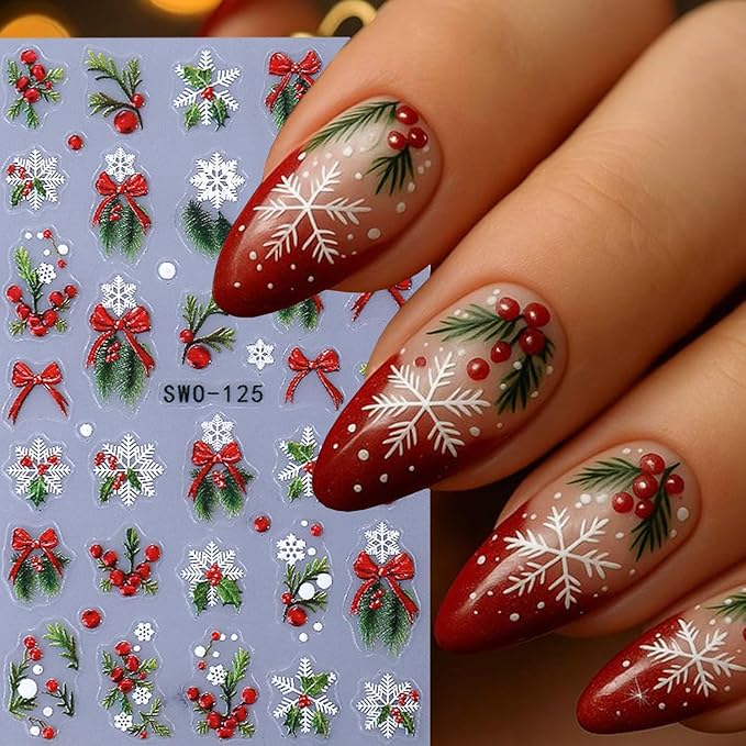 6Pcs Christmas Nail Art Stickers 3D Embossed Christmas Holly Bow Nail Decals Self Adhesive Winter Nail Supplies Xmas Design Snowflake Nail Stickers for Women New Year DIY Manicure Art Accessories