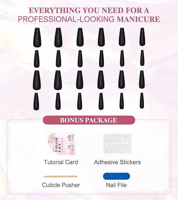 Black Press On Nails Coffin - Long With Glue Stickers, Glitter Stick On for Women, Light Weight in 12 Sizes, 24pcs Fake Nail Kit