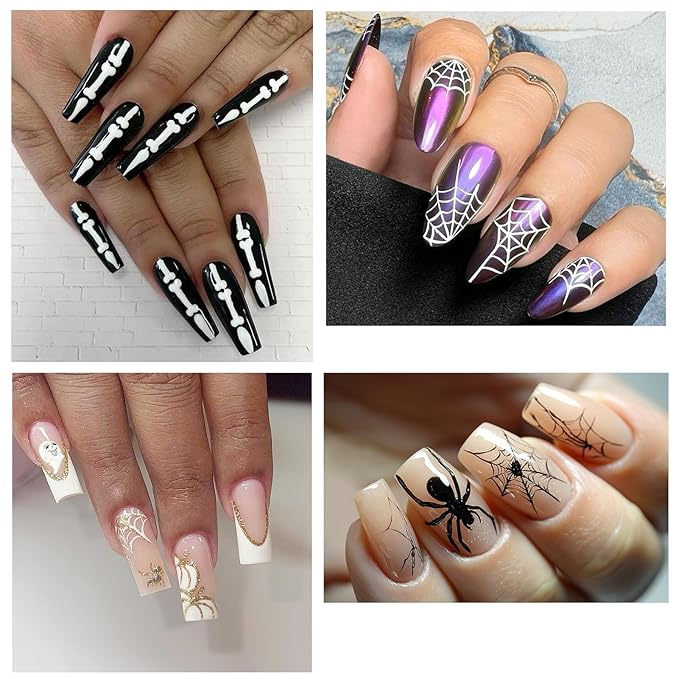 Halloween Nail Art Stickers, Bones Skeleton Nail Decals, 3D Spooky Self-Adhesive Spider-Web Bat Design for DIY Nail Supplies Decoration (4 Sheets)