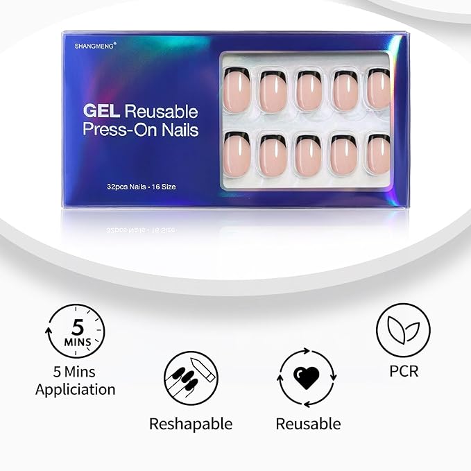 Black French Tip Press on Nails Square - SHANGMENG Soft Gel Press on Nails Short, Fit Perfectly & Natural Stick on Nails with Glue in 16 Sizes - 32 Reusable Fake Nails for Women Gift, Black French