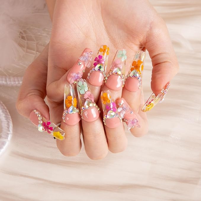 LOVFUL Press on Nails Flora | Handmade with Full Covered Crystals | Reusable Full Cover Nails | Coffin Classic Regular 1.3 in | H176-S