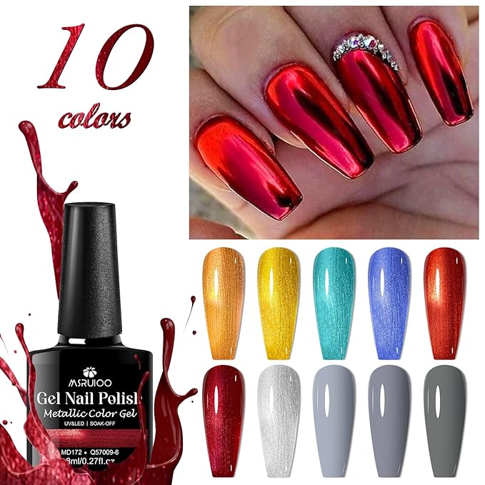 12PCS Metallic Gel Nail Polish Set Orange Blue Red Nail Polish Kit Metallic Effect Gel Gray Nude Gel Polish Set Manicure Kit 10 Colors 8ml