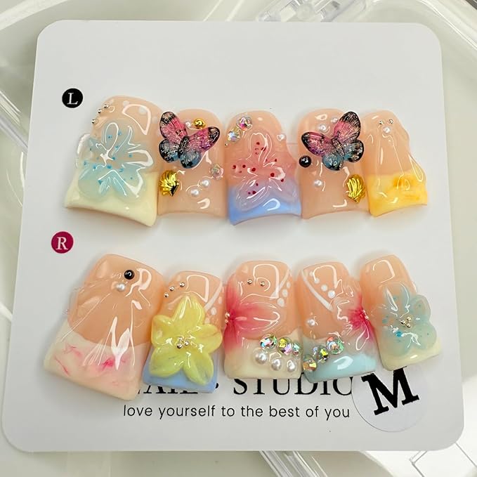 Handmade Press on Nails Butterfly Press on Nails Short Duck Shaped Fake Nails Pearl Colorful Acrylic Nails Full Cover Reusable Flower False Nails for Women Girls Nail Accessories (Size M)
