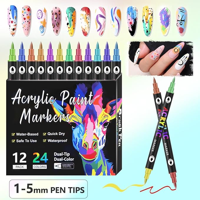 DualTip Nail Art Marker Set Water Based Acrylic Paint Pens with Precision Tips for DIY Nail Design Graffiti Dotting Quick Dry Easy Use Tools Manicures Ladies and Girls Thick Pen Tips 24 Colors 12 Pcs