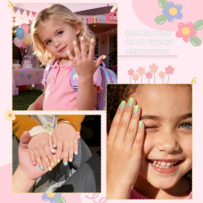 120pcs Girls Press on Nails for Kids - Children Short Fake Artificial Nails,Glitter Kids False Sticky Nails with Nail Glue Tabs