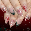 Press On Nails Almond Christmas, French Tip Press on Nails Short, Glue On Nails for Women Gift, Supremely Fit Natural Reusable Stick On Nails in 12 Sizes -24 Fake Nails Kit, French Spark Green