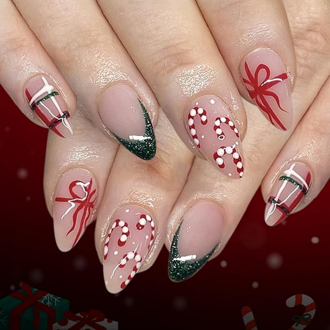 Press On Nails Almond Christmas, French Tip Press on Nails Short, Glue On Nails for Women Gift, Supremely Fit Natural Reusable Stick On Nails in 12 Sizes -24 Fake Nails Kit, French Spark Green