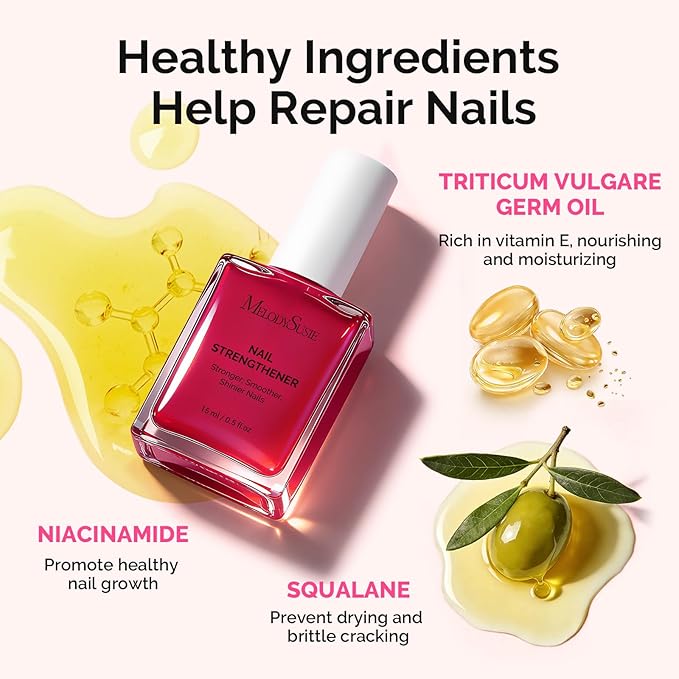 MelodySusie Nail Strengthener and Growth Treatment, 2-in-1 Ridge Filling Base Coat & Glossy Concealer Polish for Damaged Nail Repair and Healthy Shine,Gifts for Women 15ml 0.5 Fl Oz Fuchsia