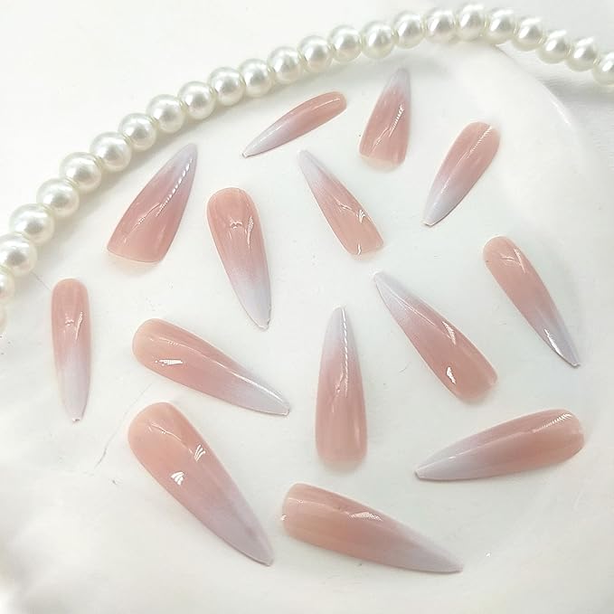 Pink White Ombre Press on Nails Long Stiletto Fake Nails with Gradient Designs Simple Glue on Nails Cute Acrylic Nails Press ons Glossy Stick on Nails for Women Girls 24 Pcs