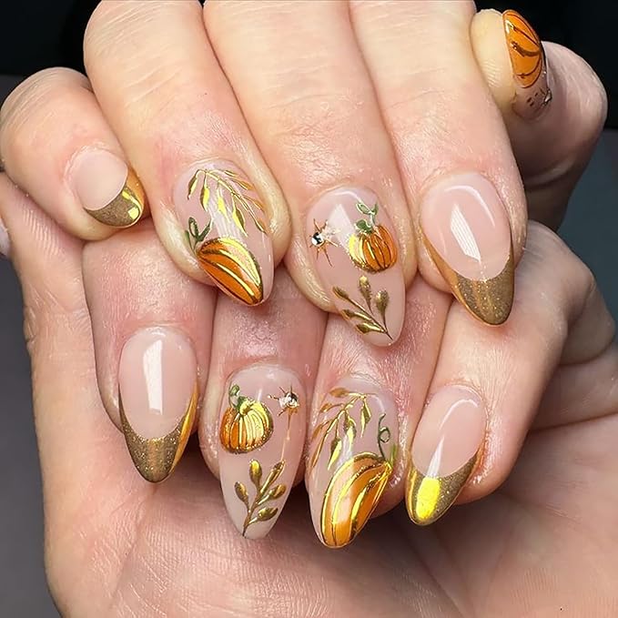 24Pcs Fall Press on Nails Medium Almond Fake Nails Gold French Tip False Nails with Gilding Pumpkin Star Gems Design Autumn Full Cover Artificial Glue on Nails Thanksgiving Stick on Nail for Women DIY