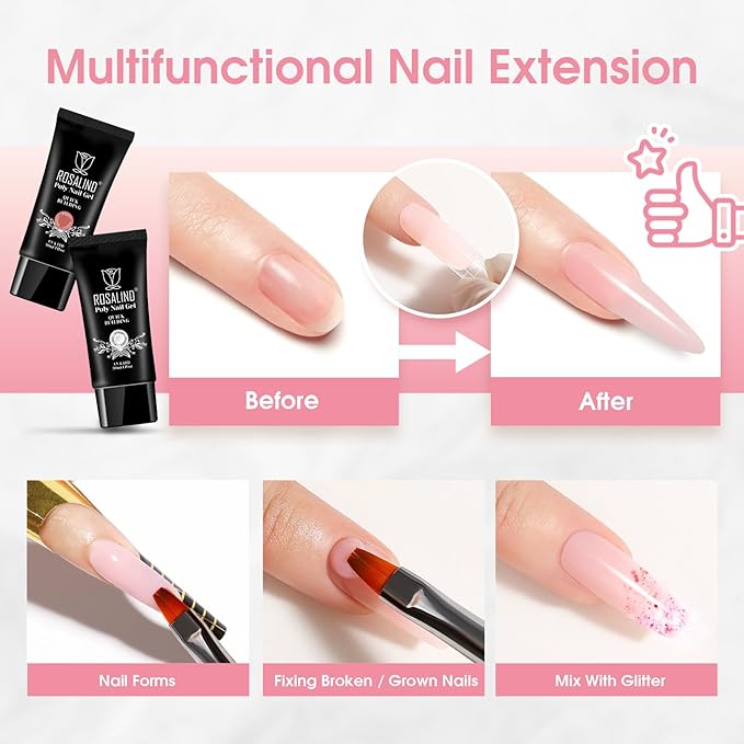 ROSALIND Clear&Deep Nude Extension Gel, 2 PCS 30ml Deep Nude Pink & Clear Poly Nail Gel Kit with UV Lamp