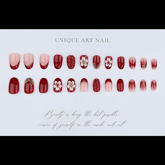 Press on Nails Short Almond Fake Nails Red Artificial Nail 3D Flowers Stick on Nail for Women 24pcs