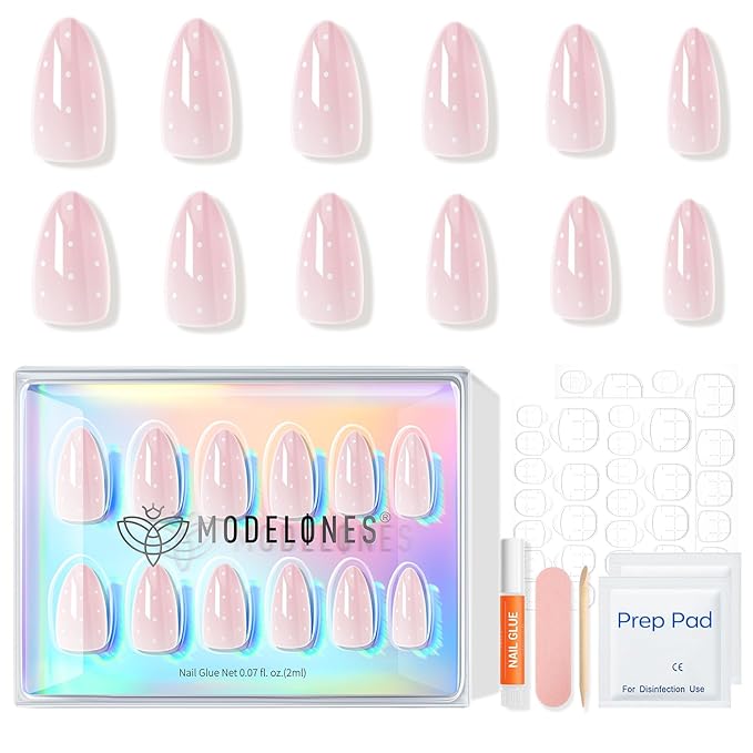 Modelones Pink Press on Nails Almond, Polka Dot Short Fake Nails, Reusable Nail Kit with Nail Glue Adhesive Tabs Mini Nail File, Nails Press Ons 32Pcs 16size, Women Girl Gift ﻿