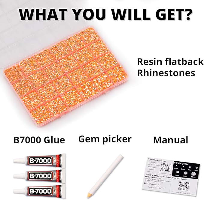 33000Pcs Orange Rhinestones for Bedazzling, Bedazzler Kit with Flatback Craft Rhinestones Orange Bulk and B7000 Glue, 2,3,4,5,6mm Resin Flat Back Crystals for Craftings, Crafts, Clothes, Shoes, Nails