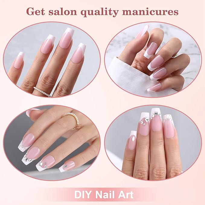 Press on Nails, Medium Coffin French Soft Gel Nail Tips, 256pcs French Tip Press on Nails Pink, No Need to File Tips Pre-lasting, Full Cover Fake Nails Extension for Women Nail Art DIY 16 Sizes