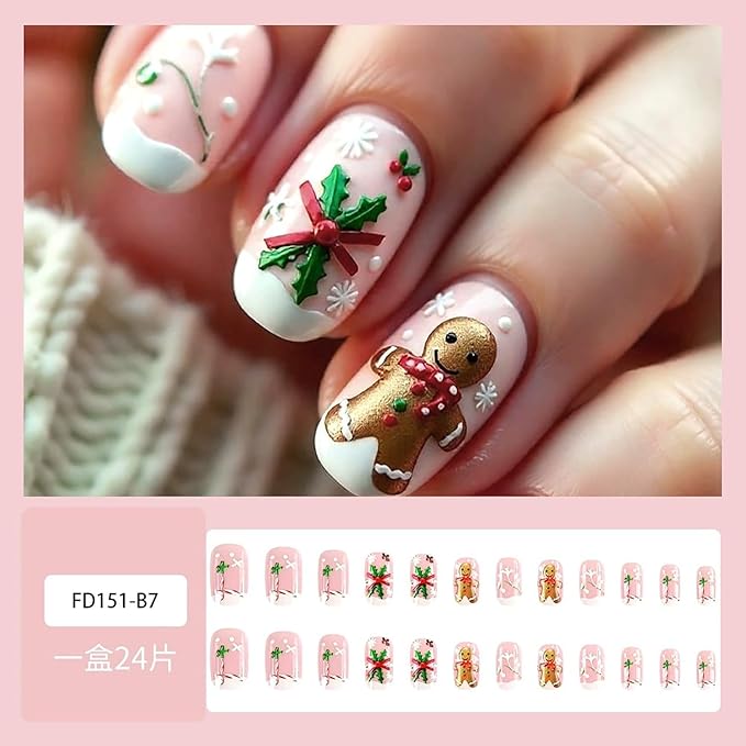 Christmas Press on Nails Short Oval Fake Nails with Snowflake Holly Gingerbread Man Designs White French Tip Xmas False Nail Winter Glossy Stick on Nail for Women 24 Pcs