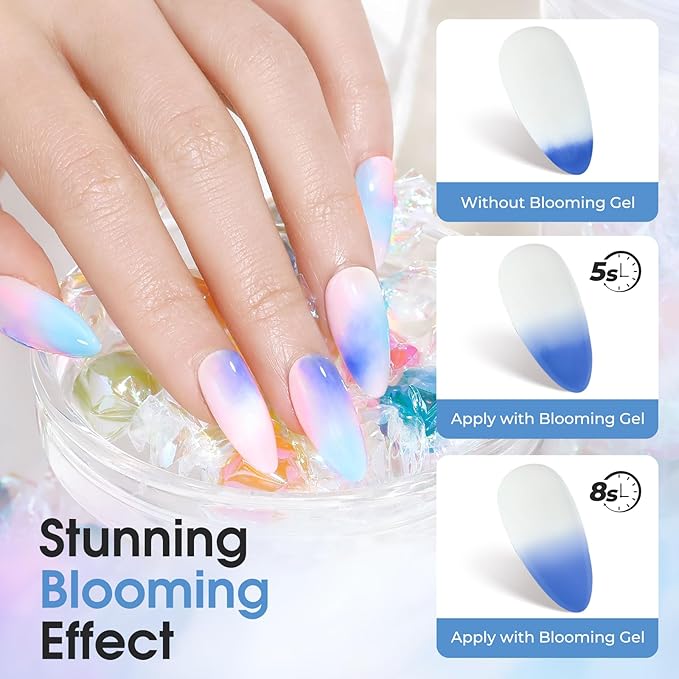 ROSALIND 2Pcs 11ml Blooming Gel and Glitter Top Coat, Clear Blooming Gel Nail Polish Stuff for Spreading Effects, Floral Print, Marble, Watercolor Design